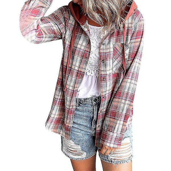 Dame Plaid Hoodie Skjorte Løstsiddende Langærmet Knapløs Bluse - Rød XL