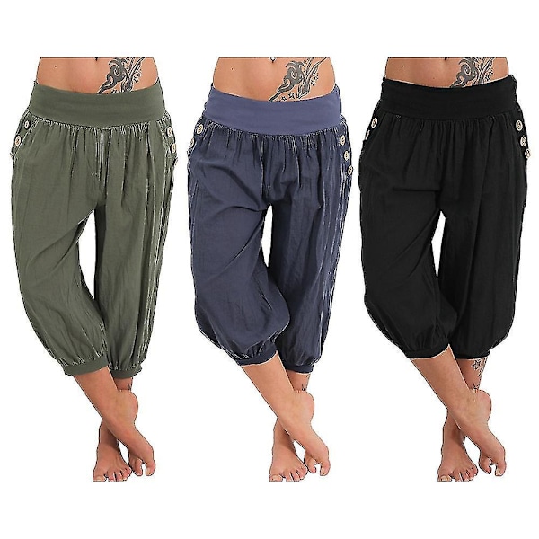 Yoga Capri Bukser med Sidelommer, Letvægts Hurtigtørrende Fugttransporterende - Hippie Boho Style Sort XL