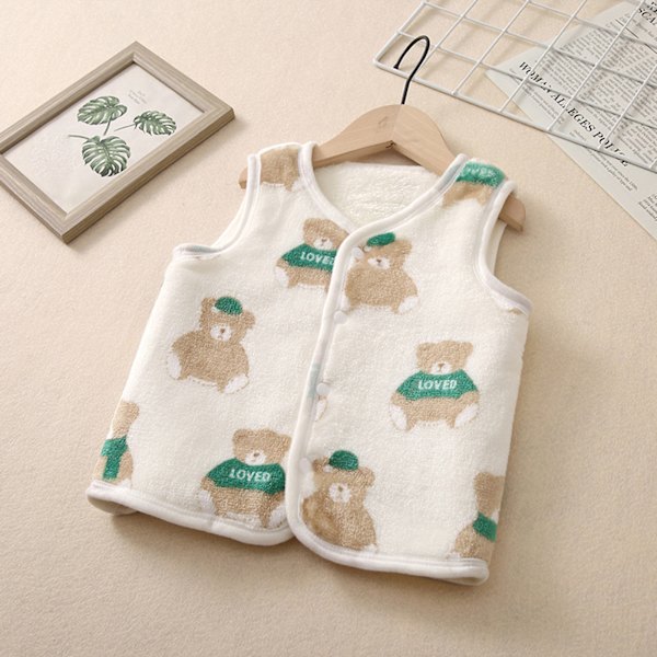 Barn Vinterväst Håll Varm Cartoon Bear Mönster Dubbla Lager Tjock Fleece Väst för Kalla Dagar Vit 120cm