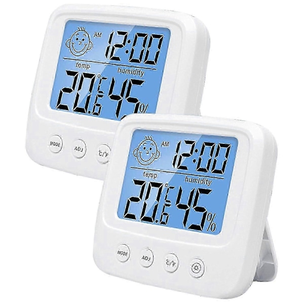 2 stk. Hygrometer Indendørs Digitalt Termometer og Fugtighedsmåler med 12/24 Timers Alarm, Rumtermometer med Temperatur Fugtighedsmonitor, Baggrundsbelysning, Cl