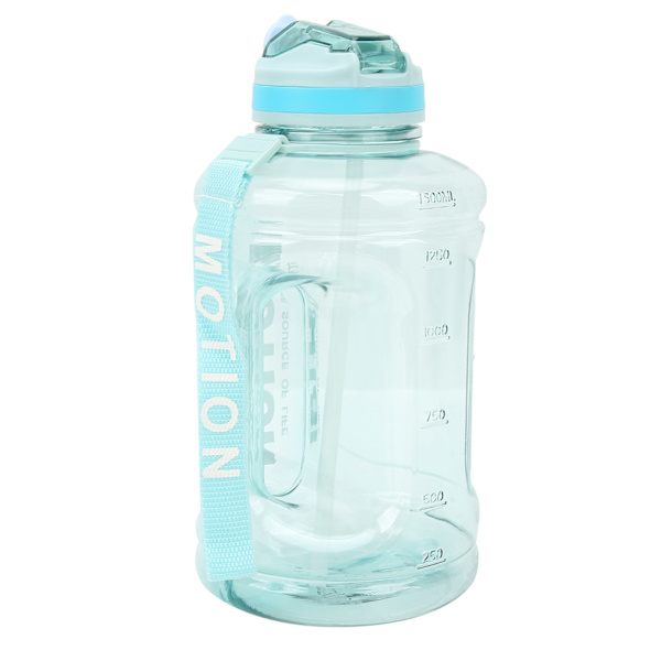 1500 ml stor sportflaska med bärbar skala, poppande lock, sugrör, utomhus fitness vattenförvaringsflaska, grön