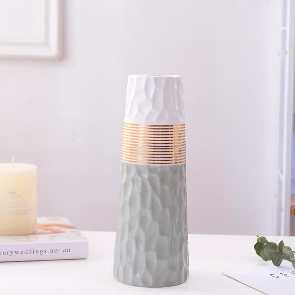 Blomvas 28 cm guldengrå vit keramik hög Design dekorativ
