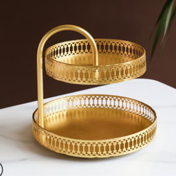 Dubbellagers bakelsebricka Dekorativ kopparguld kex dessert displayplatta för bröllop vertikal ådring