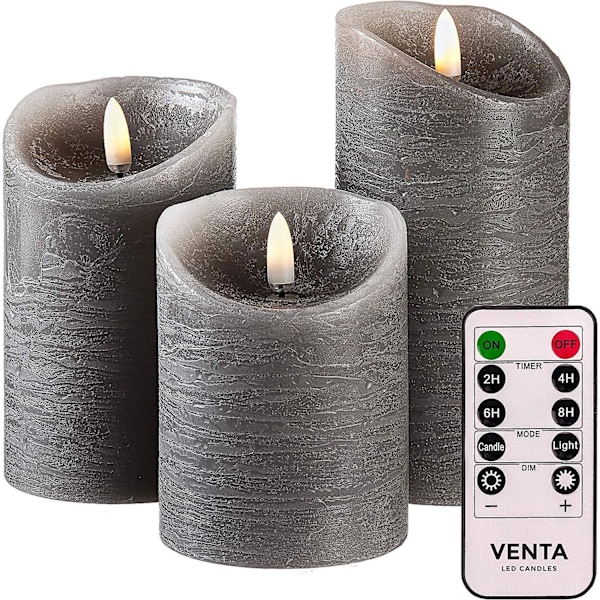 Set med 3 grå LED-ljus utan låga med fjärrkontroll - 4 tum 5 tum 6 tum elektriska batteridrivna ljus med flimrande låga och timer