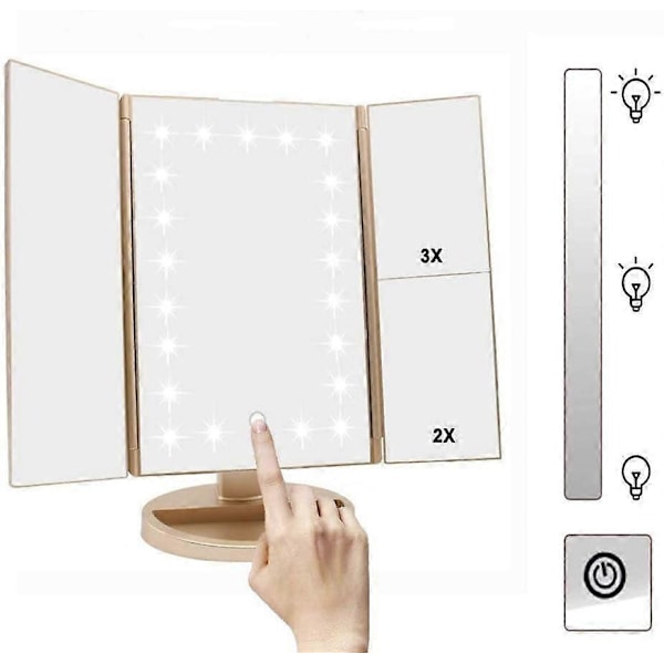 3-osainen valaistu meikkipeili, 1X/2X/3X suurennus, 21 LED-valolla varustettu kirkas pöytäpeili kosketusnäytöllä, 180° säädettävä kierto