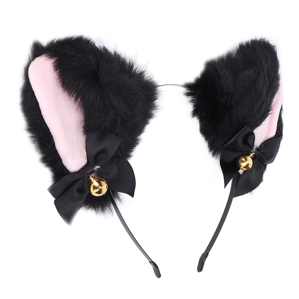 Fluffy Cat Ears Pannebånd Søt plysj hårbånd med klokke for Halloween Cosplay kostymefest Svart