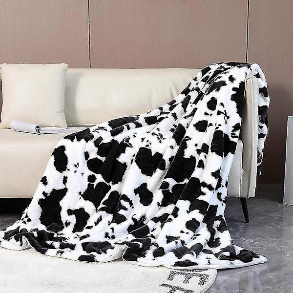 Dobbelt Lag Blød Plys Ko Print Hjerteformet Kanin Tæppe - Varmt Sofa Sengetæppe3 160x200cm