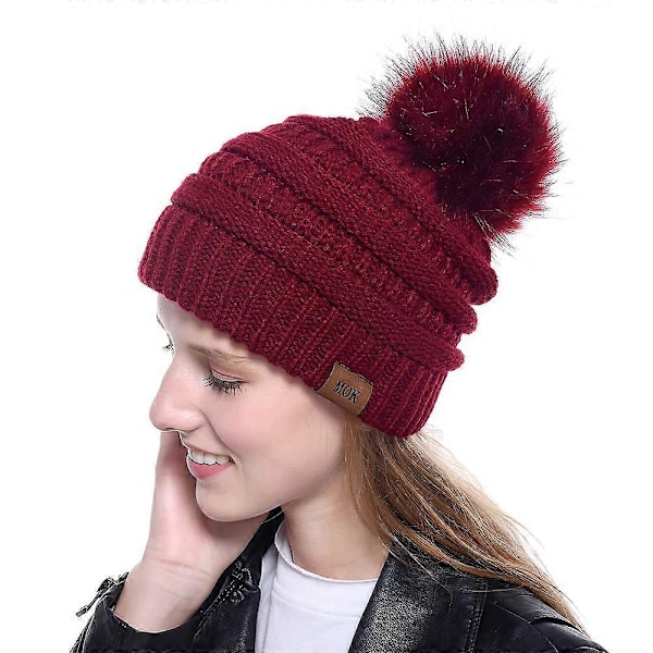 Vinrød - Vinter Dame Pompom Hue Fleece Foring Varm Tyk Slasket Sne Strikket Chunky Baggy Skull Ski Hue