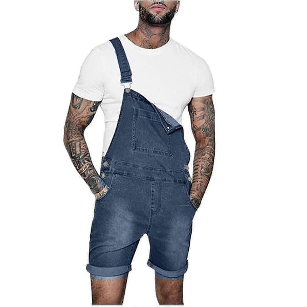 Men's Straight Fit Denim Shorts, Overalls with Chest Pocket, Solid Color Light Blue Light blue L