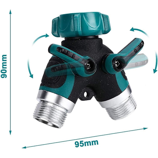 2-veis slangesplitter, hageslangesplitter, 3/4\" og 1/2\" 2-veis fordeler med 2 ventilutløp, 2-veis splitter med 3 skiver, hageslangekobling