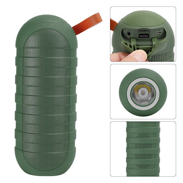 Vattentäta Bluetooth-högtalare för utomhusbruk, stereo, subwoofer, bärbar, med ficklampa, grön