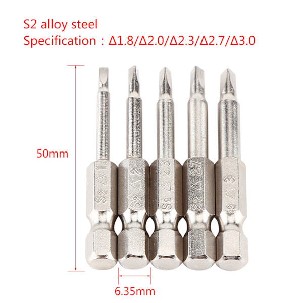 5 stk. 50 mm 1/4\" Hex Skaft Trekant Skruetrækker Bits Δ1.8/Δ2.0/Δ2.3/Δ2.7/Δ3.0 Stærk Magnetisme