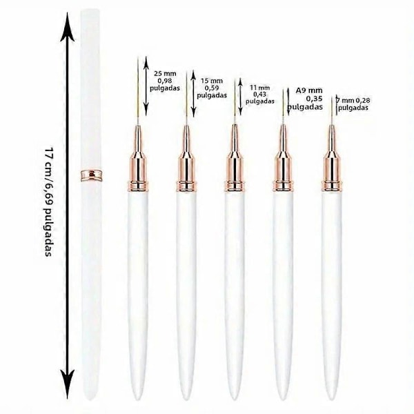 5 st Professionell Nagelkonst Penselset Förlängda Linjer Ritning UV Gel Målning Nageldesign Manikyr Verktyg Vit 5 st
