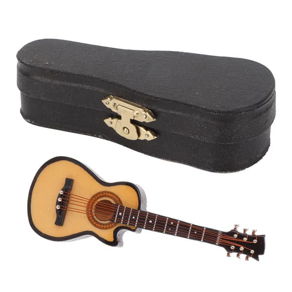 Miniatyr elgitarr modell i lind och metall, mini musikinstrument prydnader 10 cm Cutaway-gitarr