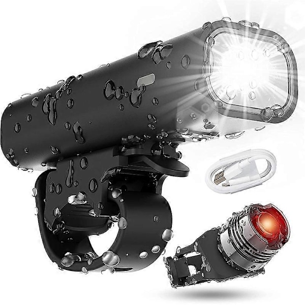 Sykkellyktsett (front- og baklyktsett), sykkellykt LED, 2 lysmoduser, USB-oppladbar, vanntett, 400 lumen