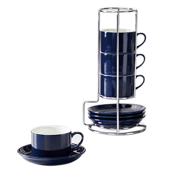 Stabelbare Cappuccino-kopper i porcelæn med underkopper og metalstativ, B