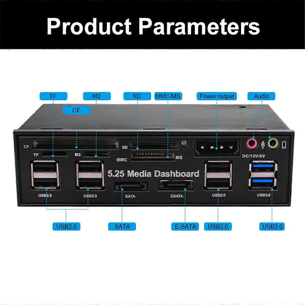 5,25 tommer medie-dashboard med USB 2.0/3.0 til stationære computere