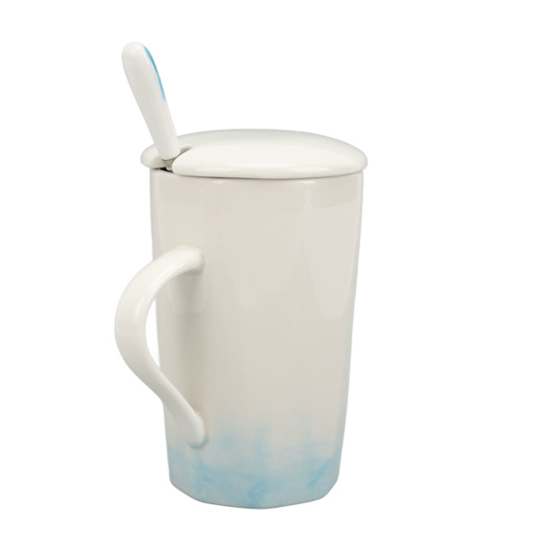 400 ml keramisk krus med blækstil, kaffekrus i keramik med ske og låg til hjemmet/kontoret, cyan