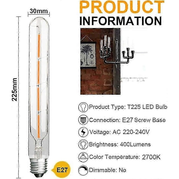 Pakke med 5 lange rørpærer, 4W, tilsvarende 40W glødepære, E27-sokkel, varmhvit 2700K, 400LM, klart glass, 360 graders lysvinkel, AC 220-240V_SZXM
