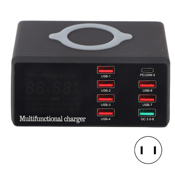 100-240V USB-hurtiglader 5V 20A QC3.0 10W trådløs 8-porters lader for smarttelefoner - US-kontakt