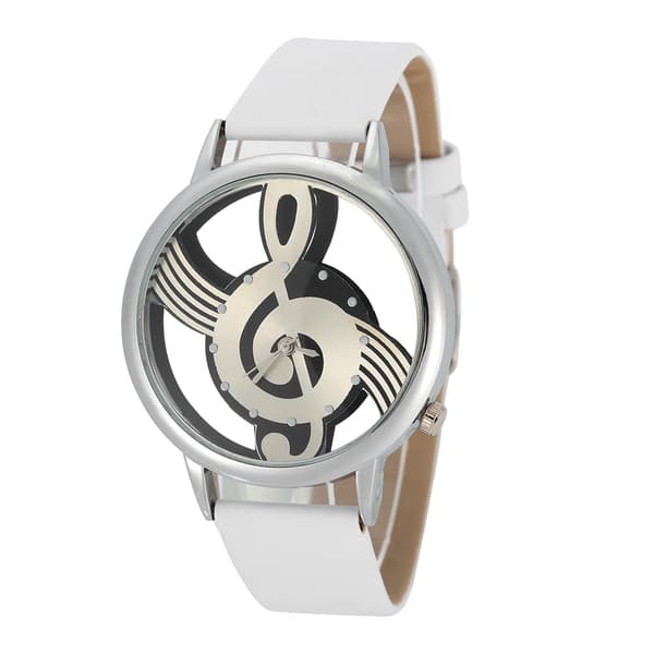 Quartz Analogt Par Klokke Rund Hul Musikknote Skive PU Stropp Armbåndsur (Hvit Stropp)