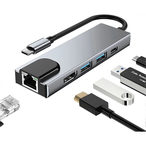 5-in-1 USB C -telakointiasema, Type C - HDMI-sovitin RJ45 Ethernet 4K HDMI 100W PD 2 USB 3.0, yhteensopiva MacBook Pro / Air -laitteiden ja Type C -laitteiden kanssa