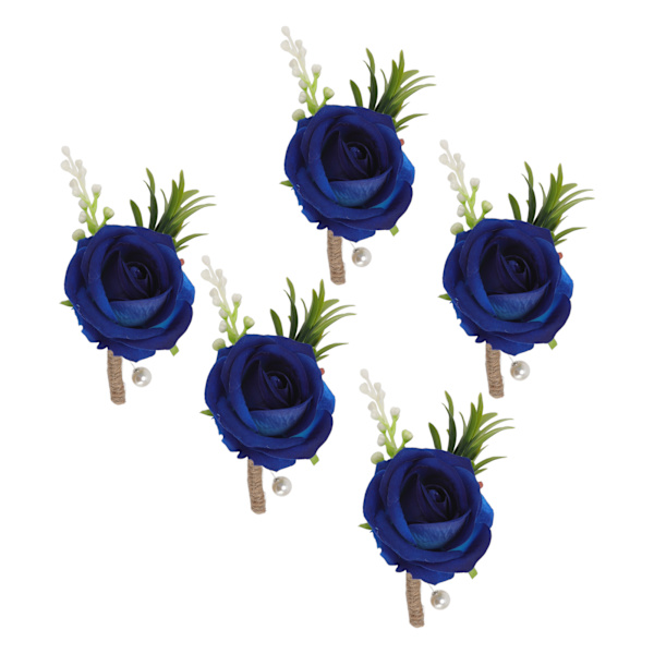 5 stk bryllupsknapphullsbrosje med fast nål i plast, kunstig blomsterkorsasj for brud og brudgom, blå