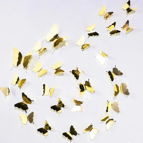 48 Stk. DIY Spejl Sommerfugl Kombination 3D Sommerfugl Vægklistermærker Dekoration Hjemme (Guld)