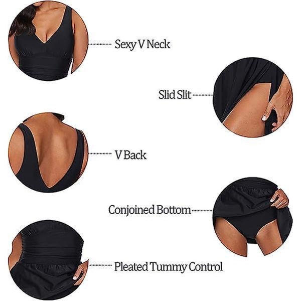 Printed V-ringad Tankini-baddräkt med slits - Vadderad svart badkläder i ett stycke för kvinnor