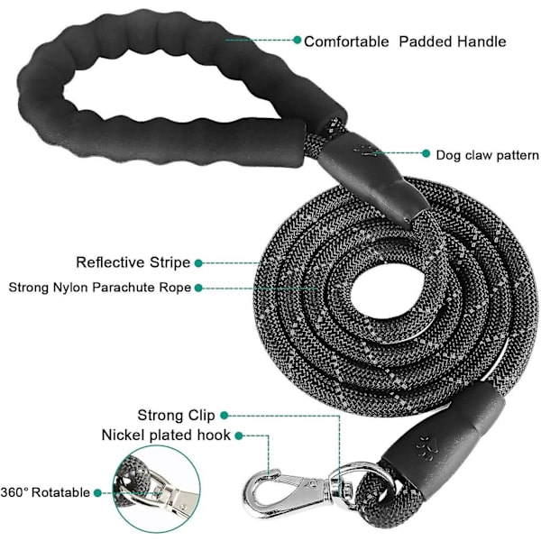 Reflekterende Nylon Hundeleie - Slitesterk og Komfortabel for Mellomstore og Store Hunder (Svart)