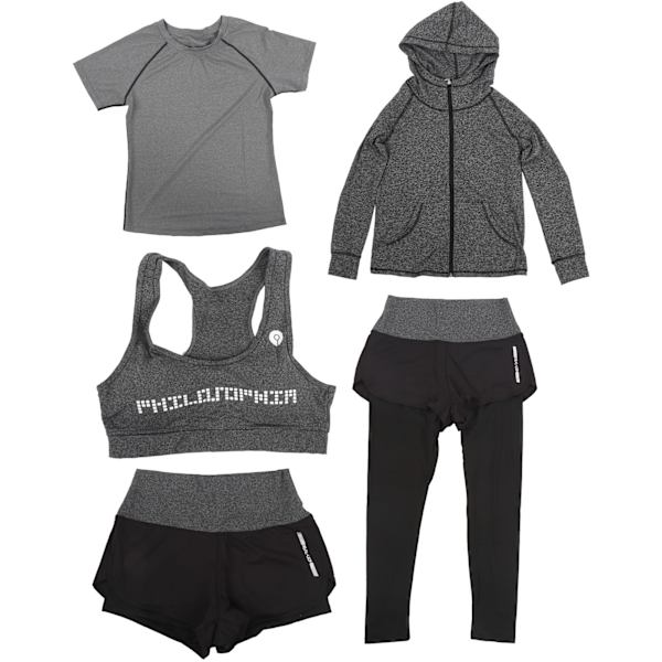 5-delad yogasett för kvinnor, sportkläder, gymjacka, långärmad topp, leggings, shorts, yogadräkt, mörkgrå, XXL