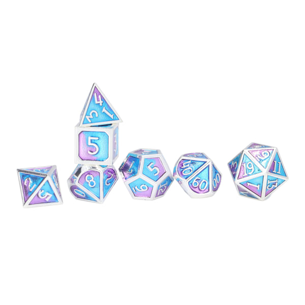 7-delad polyhedral tärningssats i metall för rollspel med förvaringslåda för brädspel och matematikundervisning, blå och lila