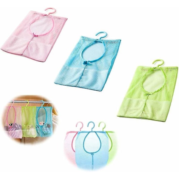 Hengende oppbevaringspose, krokpose, netting hengende nettpose, klesklypepose 3 stk. (tre farger)