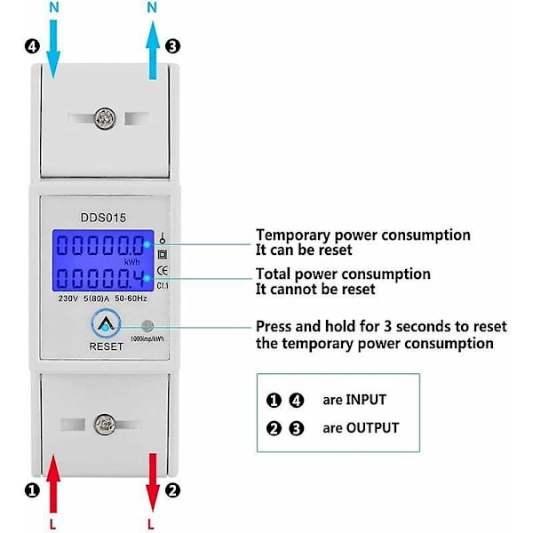5-80A 230V 50Hz Yksivaiheinen Energiamittari Yksivaiheinen LCD-taustavalaistu Energiamittari, DDS015 Din-kiskoon Asennettava KWh-mittari, Watti KWh-mittari (230V 5-80A 50Hz)