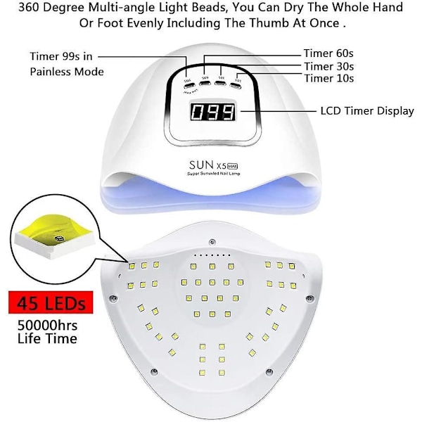 UV LED-neglelampe - Profesjonell tørketrommel for gellakk med 4 timerinnstillinger, automatisk sensor og LCD-skjerm