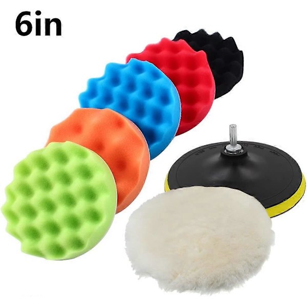 7 st 6 tum Svamp Polering Vaxning Polermedel Polermaskin Bil Kit + M14 Adapter Kit Borr (6 tum)