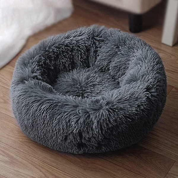 Hundeseng 50CM Katteseng Vaskbar Hundeseng Skridsikker Rund Plys Kæledyrsseng Rund Pude til Kat Hund (Mørkegrå)