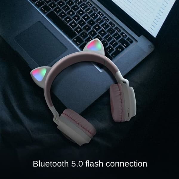 Trådløse Bluetooth-hodetelefoner med katteører, lang batterilevetid for jenter, kablede øretelefoner (rosa-grå)