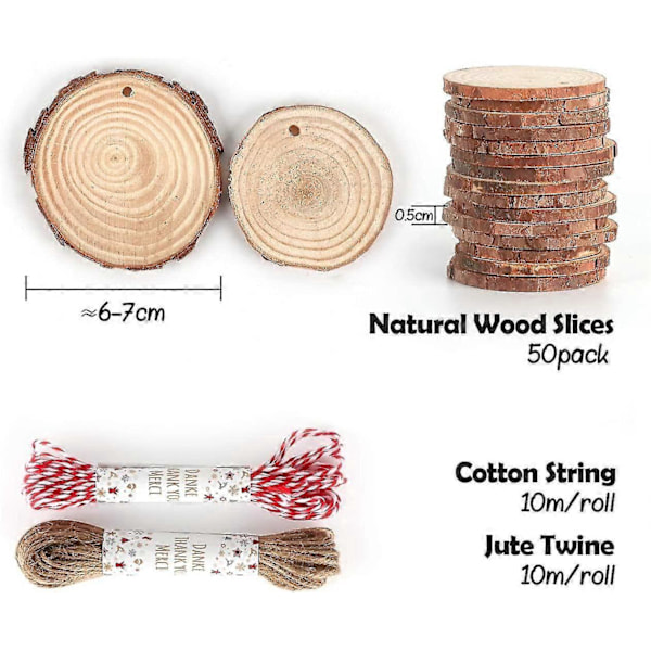 50 st 6-7cm Naturliga Träskivor Med 20 Meter Rep, Träskivor Trädiskar, Perfekt Utskärning För DIY Presentdekoration