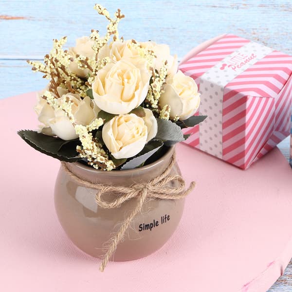 Keramikkvase Kunstig Silke Rose Blomst I Potte Hjem Skrivebordsdekorasjon Hvit