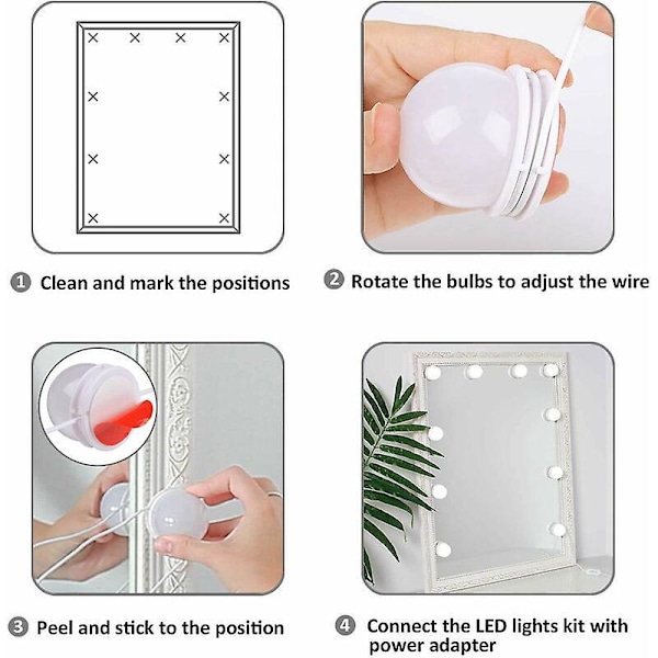 DIY Makeup Spejl Lys Dæmpbar, Selvklæbende Spejl Lys Kit til Toiletbord, Plug-in Makeup Lys til Badeværelsesvæg Spejl (Kun Pære)