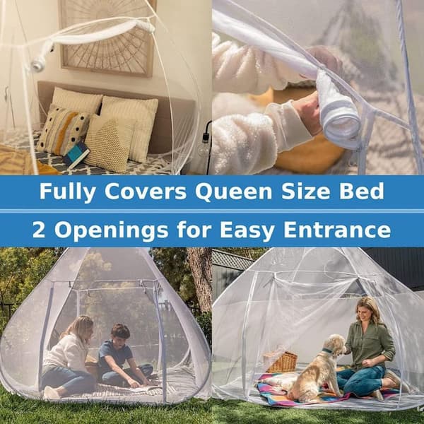 Myggenet til dobbelt- og kingsize-senge – 300 huller/tomme net – Hurtig pop-up installation – Opbevaringspose inkluderet