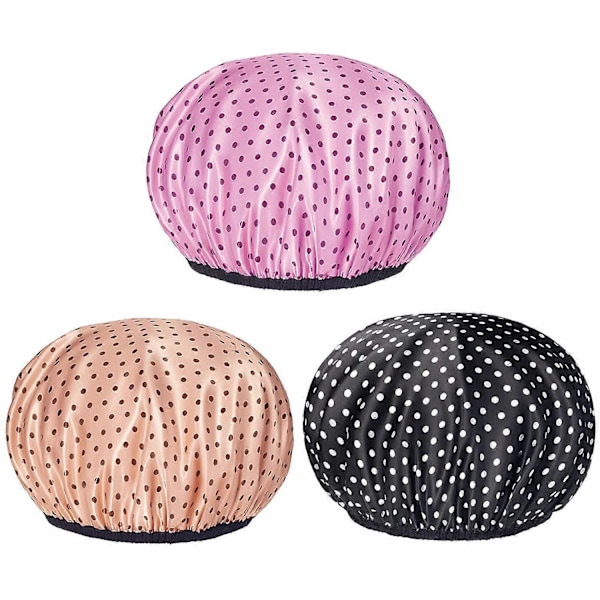 Dusjhette for kvinner med langt hår, gjenbrukbar 100% vanntett silkeaktig sateng hårhette, stor størrelse for alle hårlengder 3 farger (Polkadotter)