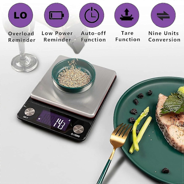 Digital genopladelig køkkenvægt 5 kg x 0,1 g multifunktionel rød vejepladevægt med LCD-baggrundsbelysning