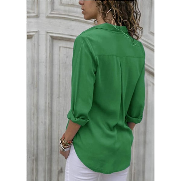 Monokrom V-hals Chiffonbluse for kvinner - Langærmet grønn topp
