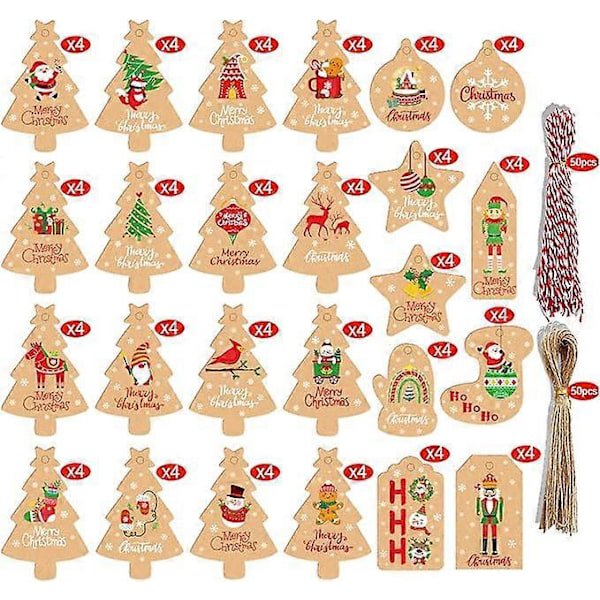 100 Stycken Kraftpapper Julklappsetiketter med Snöre, Bruna Kraftpapper Julklappsetiketter, Stämpel och Etikett för Julklappsinslagning, 10 Designer för Jul