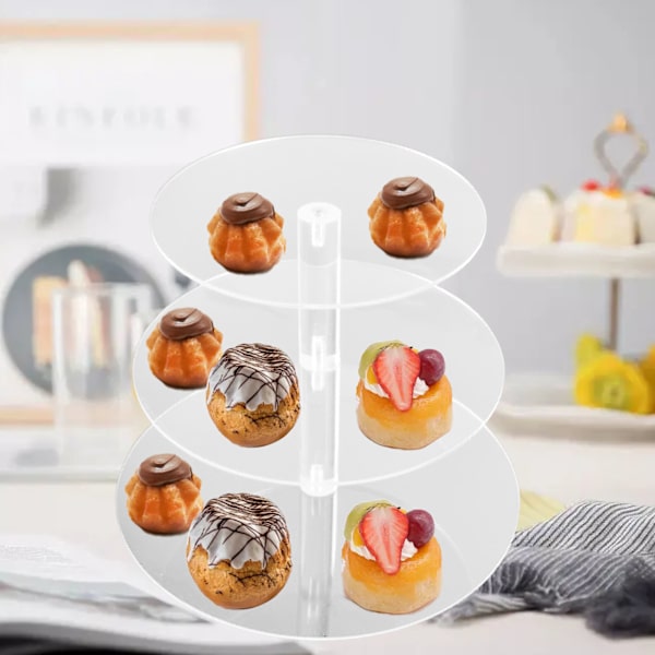 Cupcake-ställ med flera runda nivåer, transparent akryl, hög stabilitet, cupcake-torn för visning, servering, fest, 3 nivåer