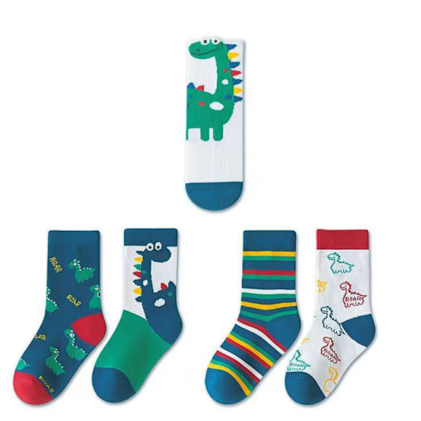 5 par barnsockor i midcalf-höjd med söta tecknade dinosauriemönster, accessoarer för 6-8 år gamla