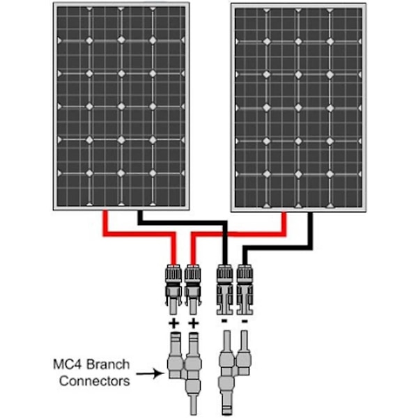 1 pari aurinkoenergia paneeli MC-4 T-haaraliittimiä kaapelin kytkentälaite - 1 uros 4 naaraalle (M/4F) ja 1 naaras 4 urokselle (F/4M)