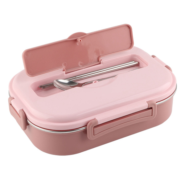 Lunchlåda i rostfritt stål 4-Grid Bärbar Bento Box Matförvaringsbehållare för Student Vuxen4-Grid Lunchlåda med soppskål: Rosa